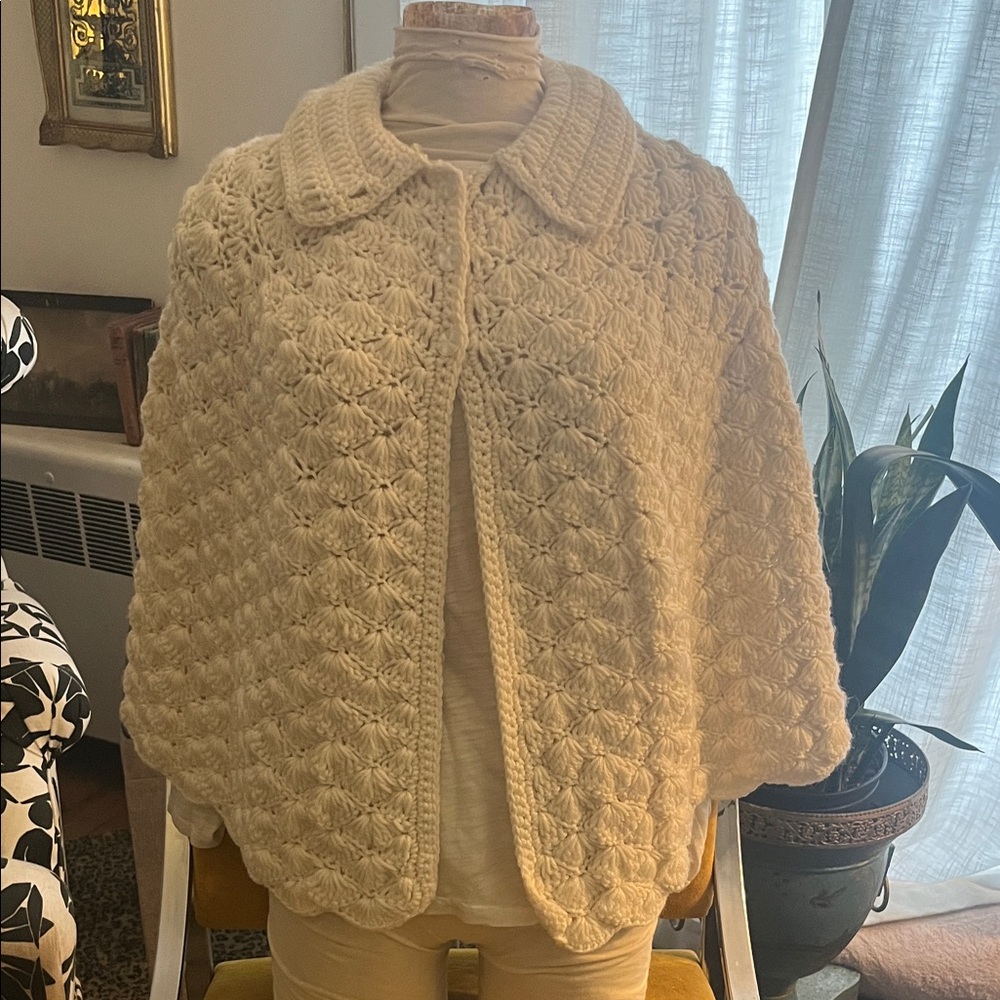 Vintage Cream Knit Women's Sweater Cape handmade